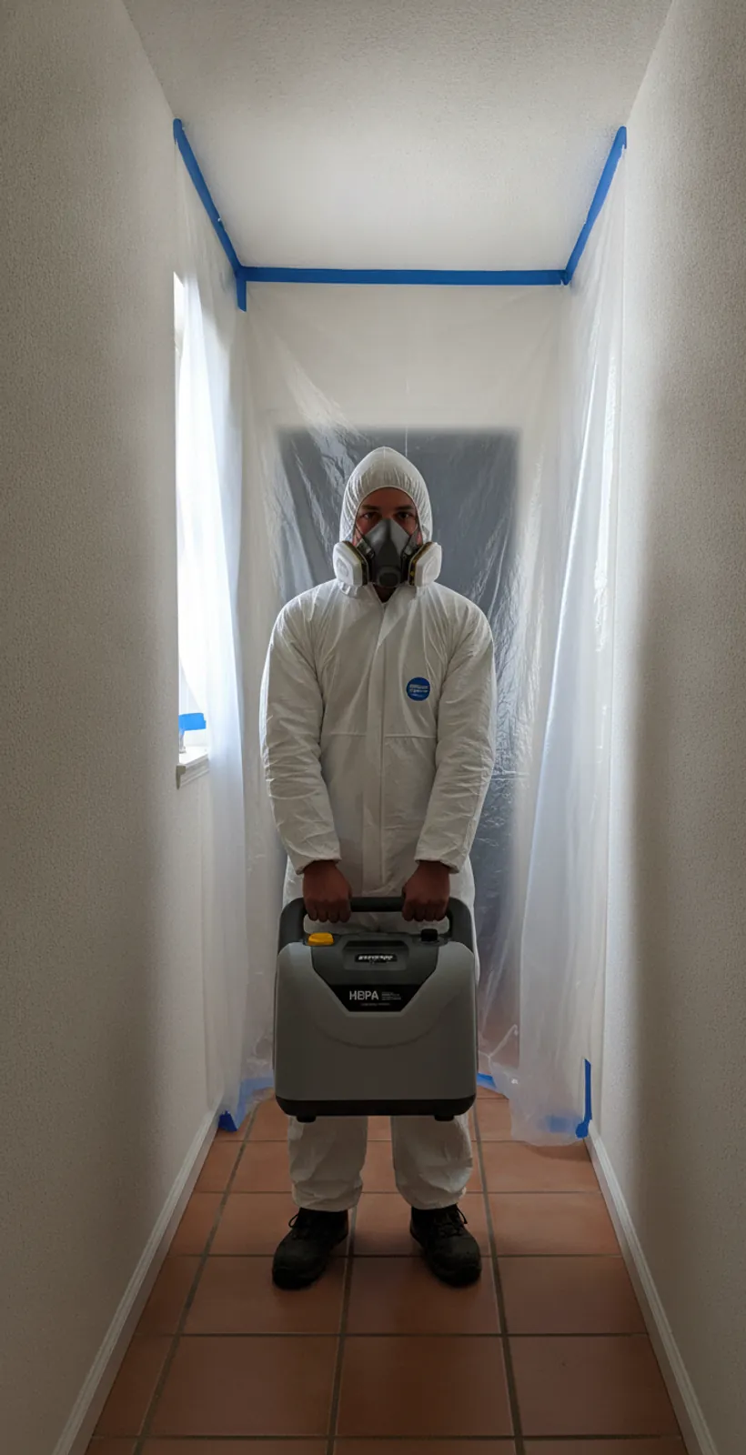 Mold removal technician in PPE working in a Glendale home