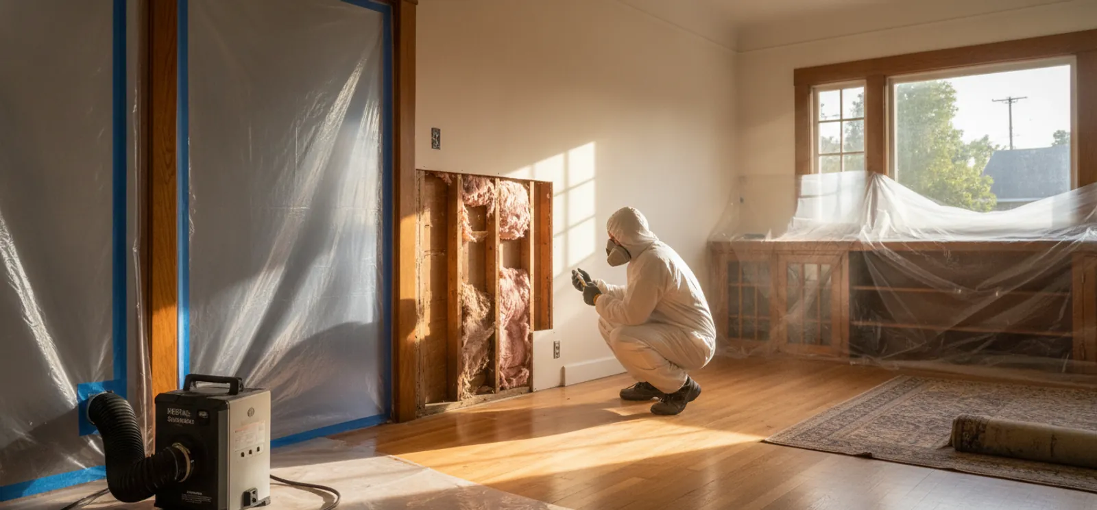 Mold removal technician in PPE working in a Glendale home
